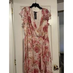 City Studio Dress Womens 2X Pink Floral High Low Maxi Faux Wrap Flutter Sleeve